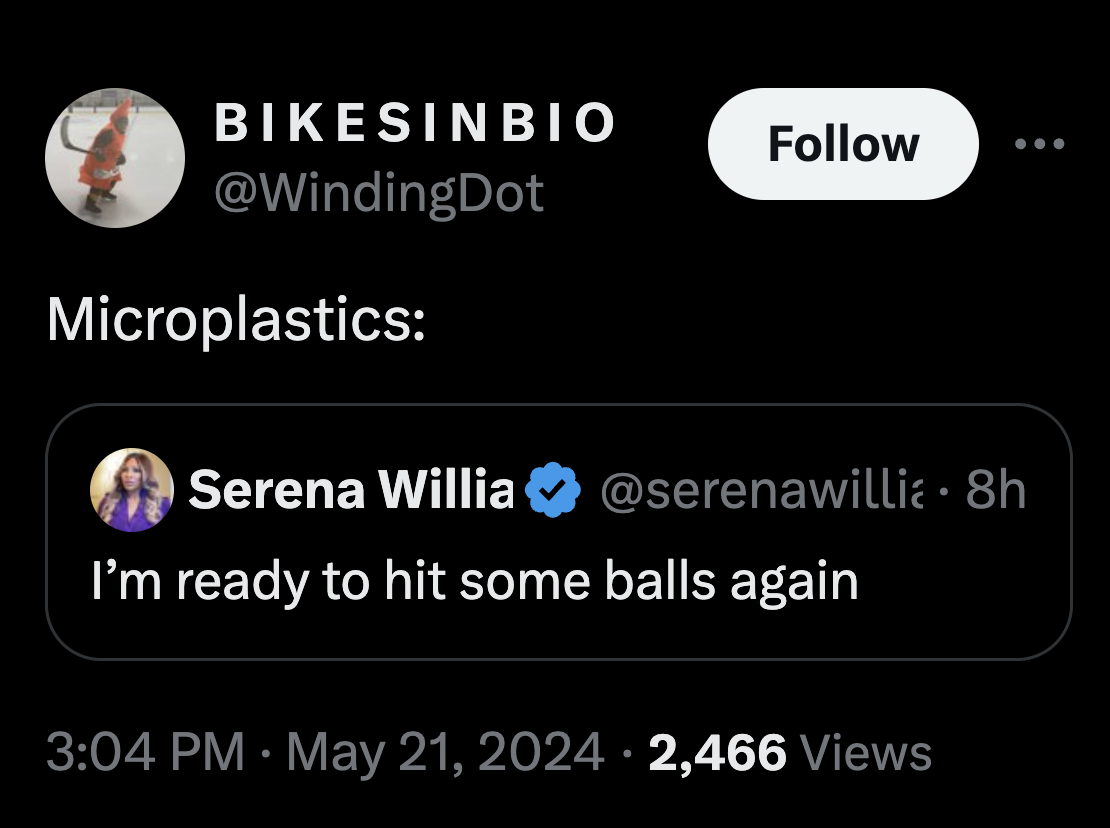 screenshot - Bikesinbio Microplastics Serena Willia 8h I'm ready to hit some balls again 2,466 Views